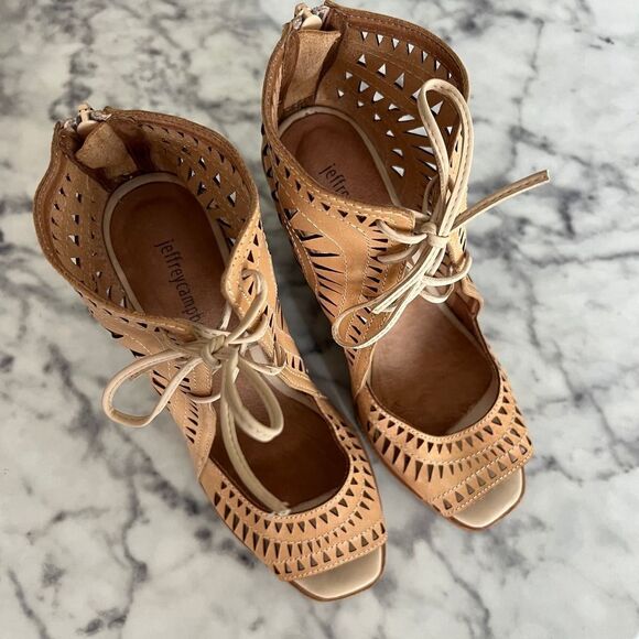 Jeffrey Campbell Rodillo Tan Laser Cut Lace-Up Wedges Size 8.5 - Picture 4 of 9